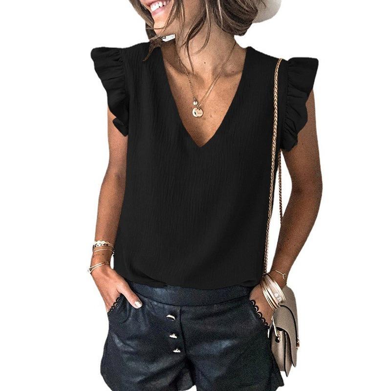 Women European Casual Solid V Neck Sleeveless Ruffle Pullover T Shirt Top