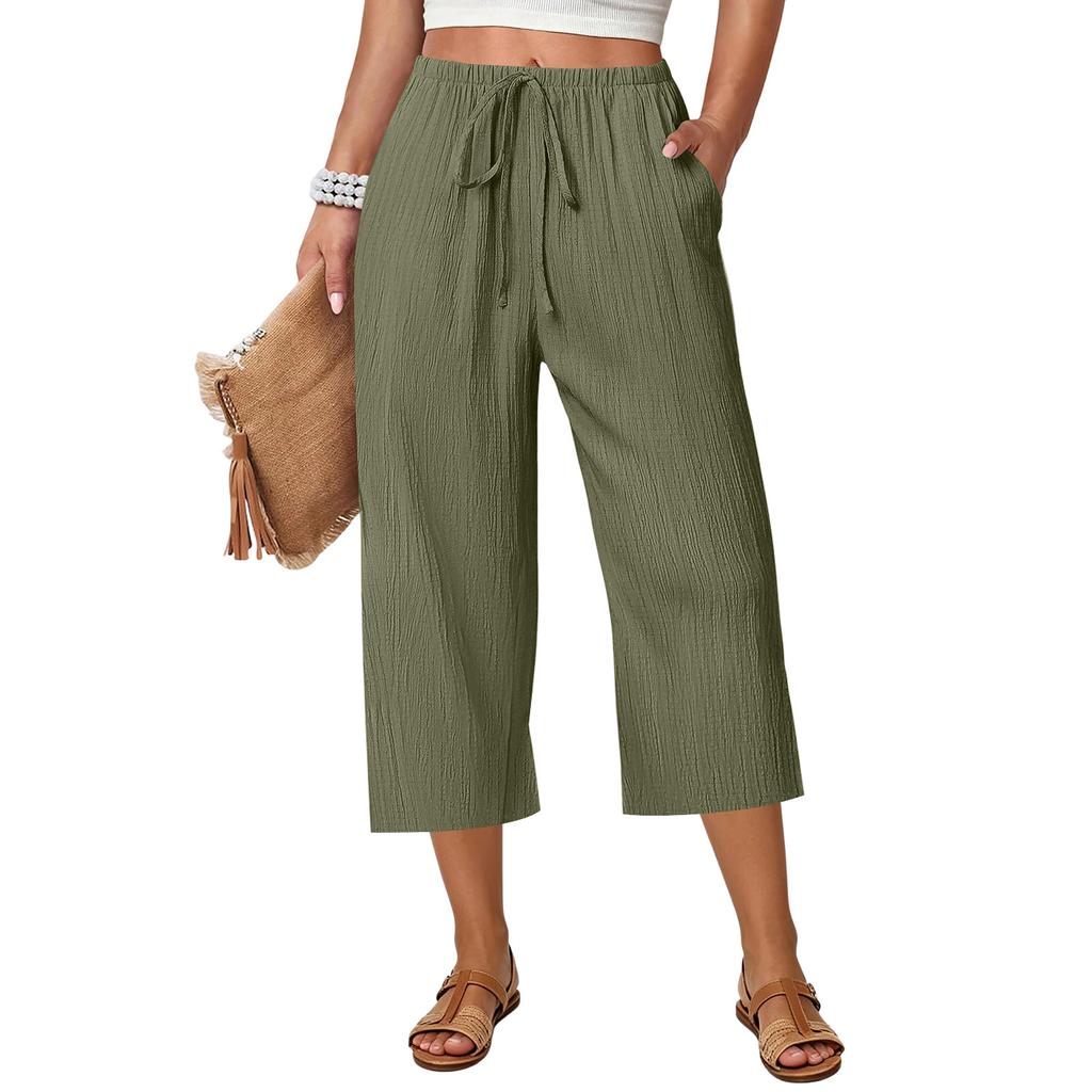 Women Drawstring Waist Wide Leg Pants Loose Fit Cropped Trousers Lightweight Elastic Waistband Casual Style