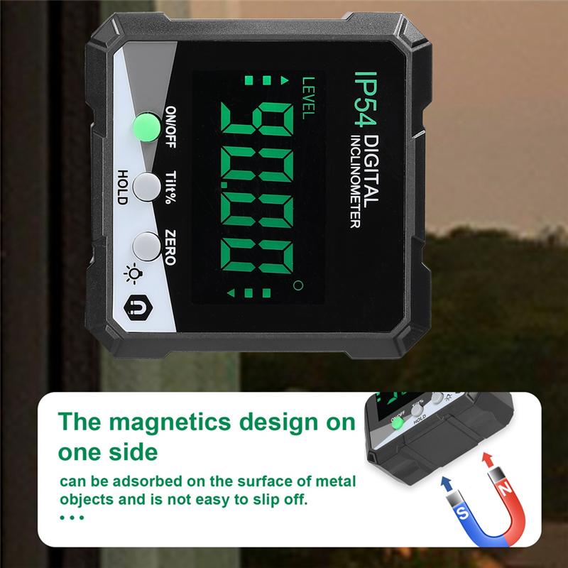 A20F-IP54 4X90° Portable Digital Inclinometer LCD Backlight Digital Protractor Slope Meter Digital Angle Ruler Reusable (Green)