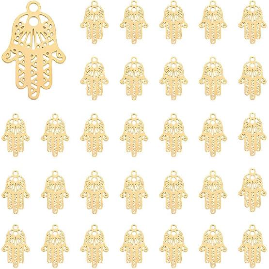 

DDICOSMETIC 60Pcs Filigree Hand Charms Golden Fátima Hand Charms Good Luck Pendants Stainless Steel Jewish Hamsa Pendants Hollow Hamsa Hands Charm золотий