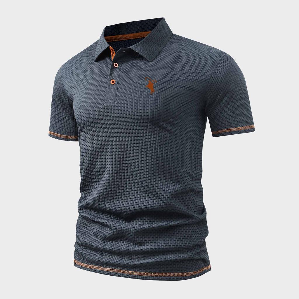 Men's Slim-Fit Textured Knit Polo Shirt with Horse Rider Print, Casual Business Style