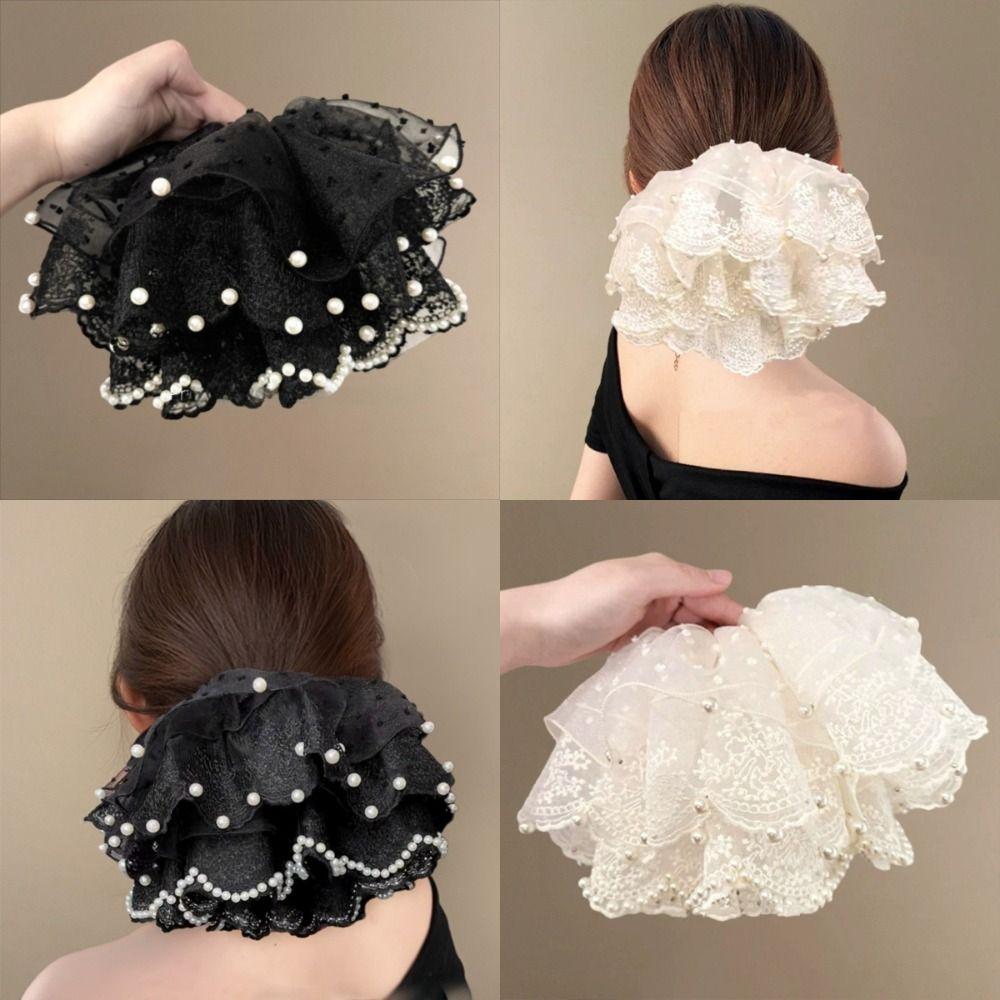 Elastic Pearl Lace Scrunchies Hair Bands Ponytail Holder Oversize Lace Hair Ties for Meatball Head