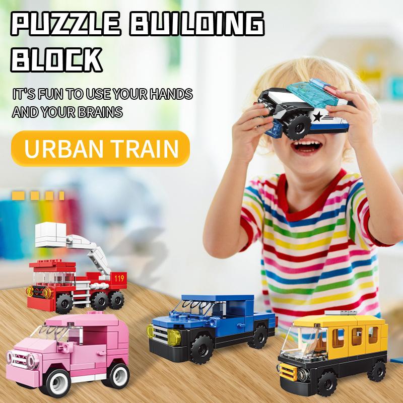 Boys And Girls Car Model City Train Fire Truck Toy Police Car 16 In 1 Assembly Diy Building Block