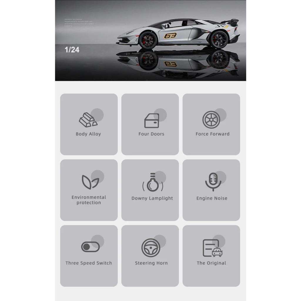 1/24 Lamborghinis Aventador SVJ63 Modelo em Liga Leve Carro Brinquedo Diecasts Fundição de Metal Som e Luz Carros Brinquedos para Crianças Veículo