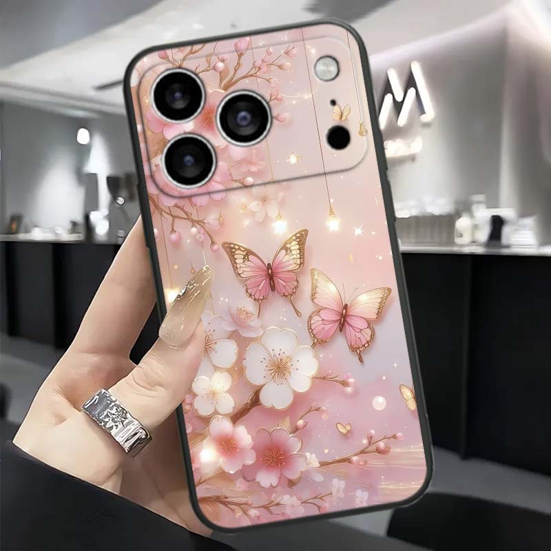 Schmetterlingsblumenmuster Handyhülle Für Apple iPhone 17 16 16E 15 14 13 12 11 Pro Max Plus Schwarz Weiches Silikon