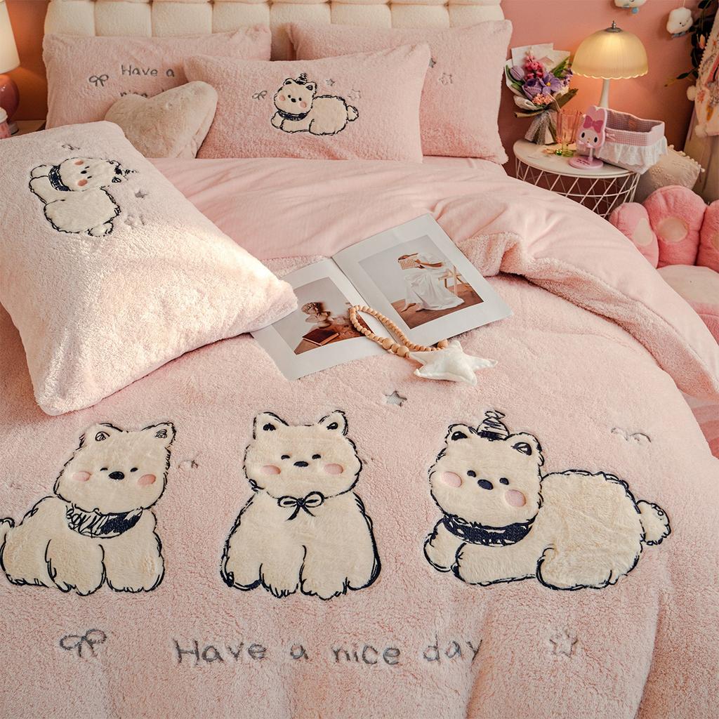 Thickened Milk Fleece Bed Four-Piece Set Warm Children'S Bedding Teddy Coral Fleece Quilt Cover Bed Sheet Three-Piece Set