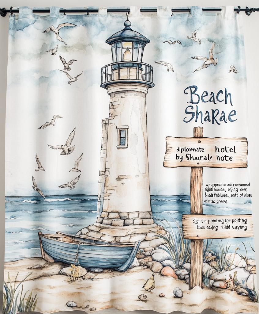1pc Blue Beach, Lighthouse, Seaside Scenery Print Waterproof Shower Curtain Partition Privacy Hanging Curtain with 12 Hooks