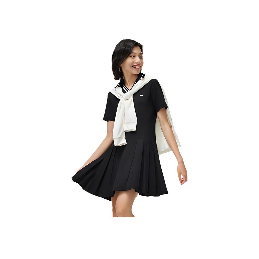 Li Ning Sports Trend Series Logo Pleated Short Sleeve Dress Women dresses Black ASKT076-2