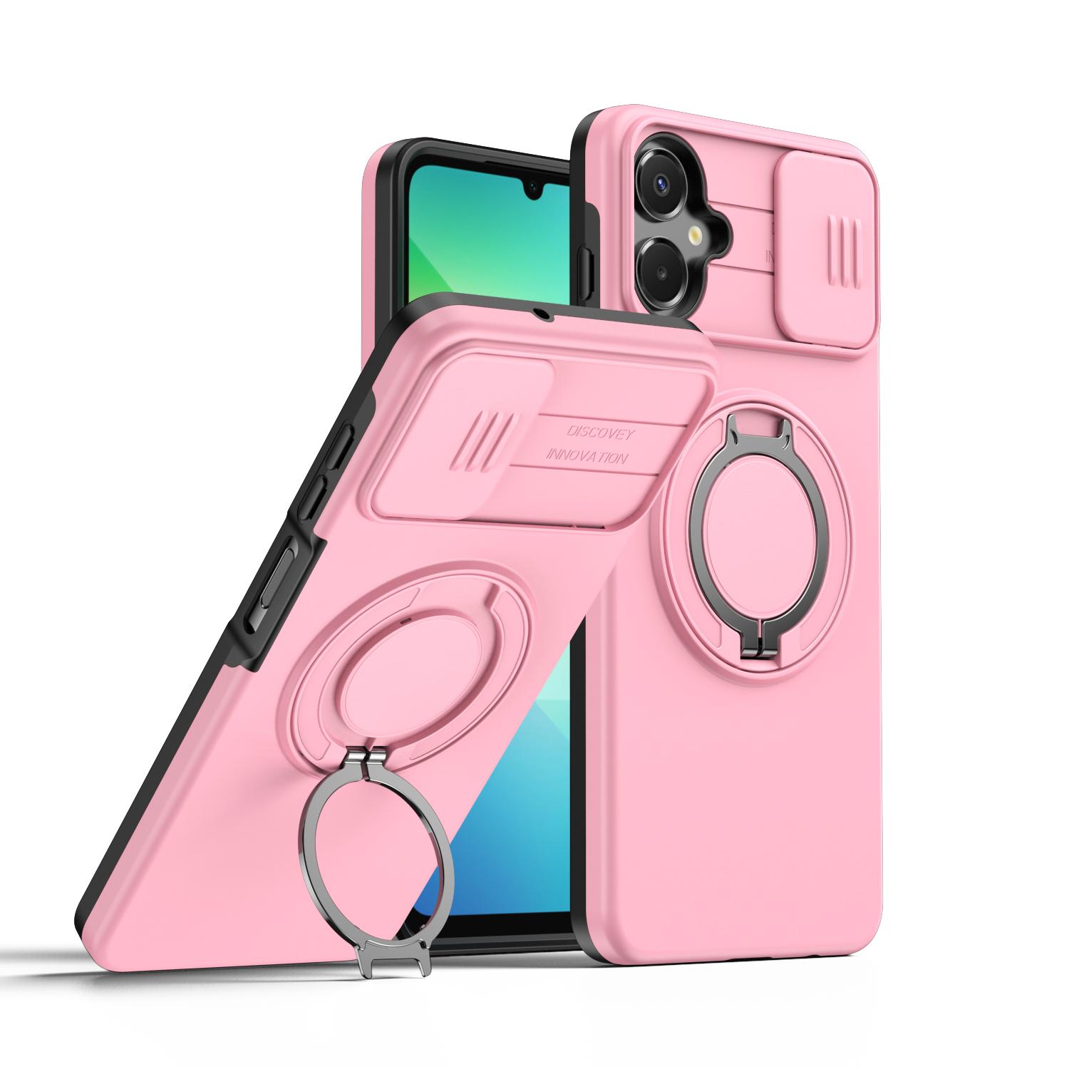 

Sliding Camera Cover Armor Case For Samsung Galaxy A07 4G A06 5G Metal Ring Stand TPU Frame Hard Plastic Shockproof Coque Shield For A06 4G or A06 5G розовый