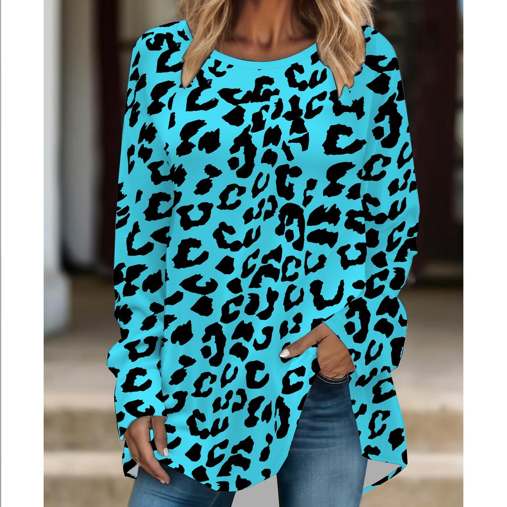 Übergröße Damen Modische Persönlichkeit Leopardenmuster Bequemes Langarm Rundhals T-Shirt Lässige Weite Mittellange T-Shirt Oberteile