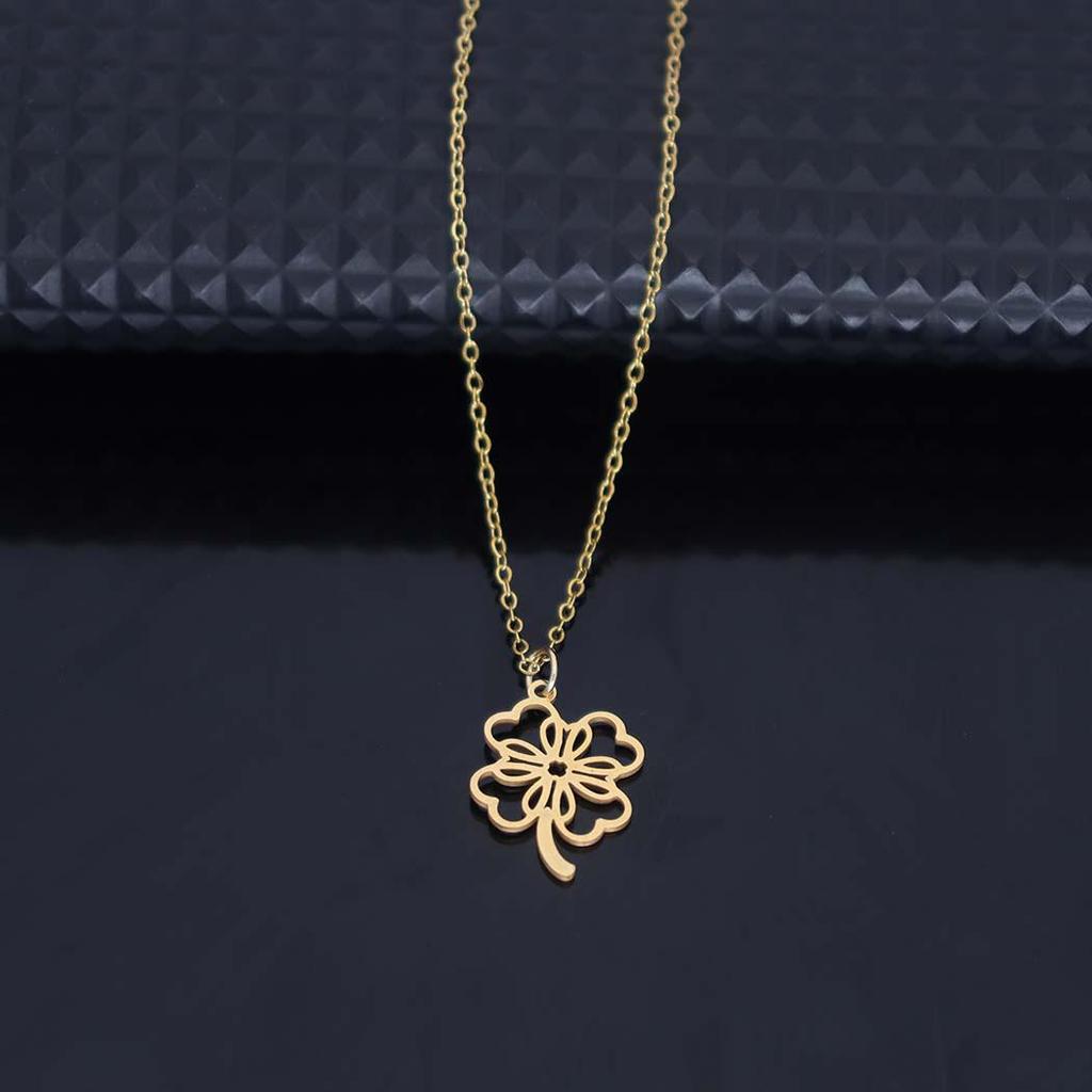Stainless Steel Hollow Four-Leaf Clover Pendant Necklace for Women
