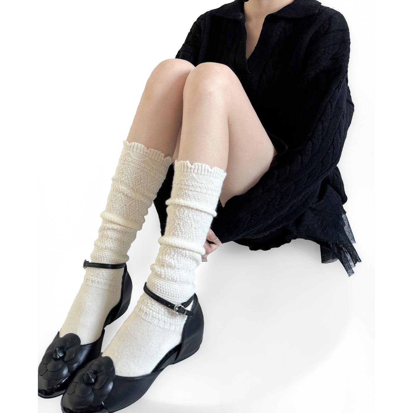 Autumn/Winter Lace Knit Calf Socks - White & Grey Sweet Girly Fold-over Mid-calf Design белый