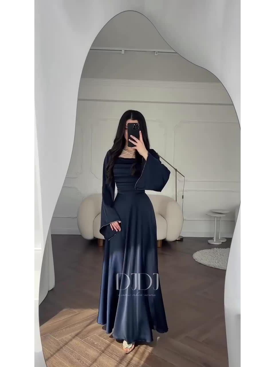 

2025 Summer Retro Elegant Long Sleeve Waist-Cinching Dress for Women Small темно-синий