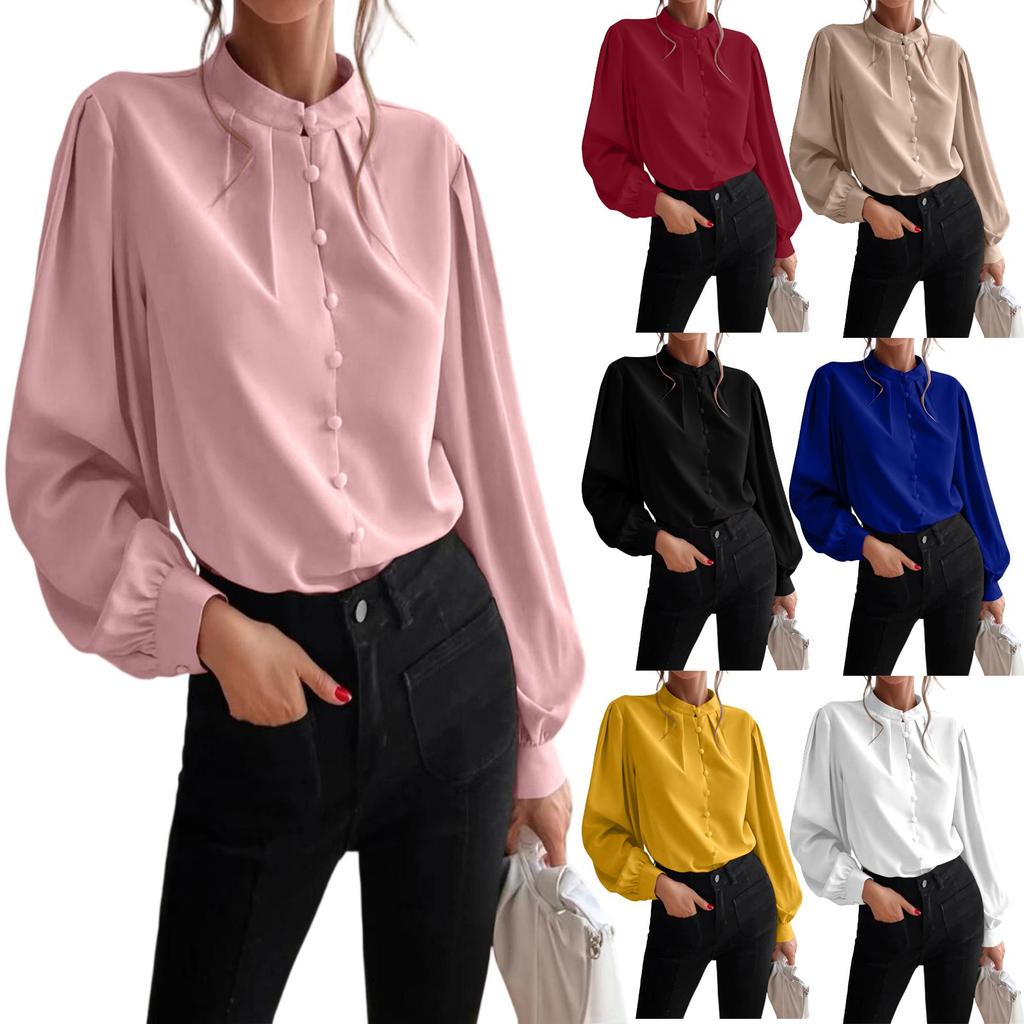 Ladies Elegant Solid Color Lapel Long Sleeve Single Breasted Loose Top