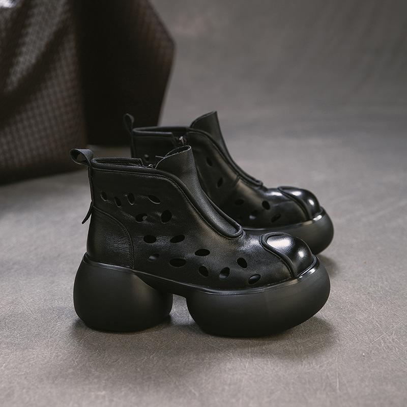 Johnature Genuine Leather Round Toe Hollow-out Thick Soled Boots Retro High Heels Women's Platform Shoes