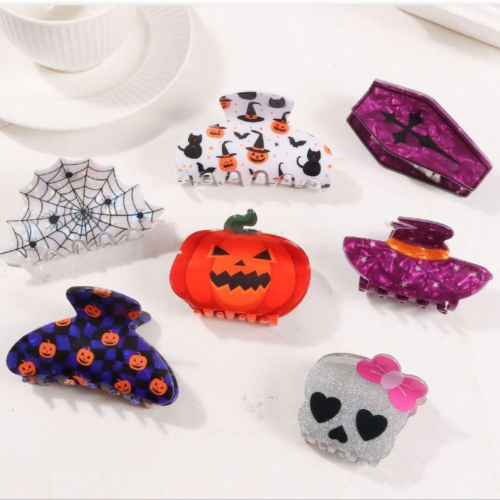 PVC Pumpkin Themed Gripper Spider Skeleton Shark Clip Headwear Halloween Hair Claw  Girls