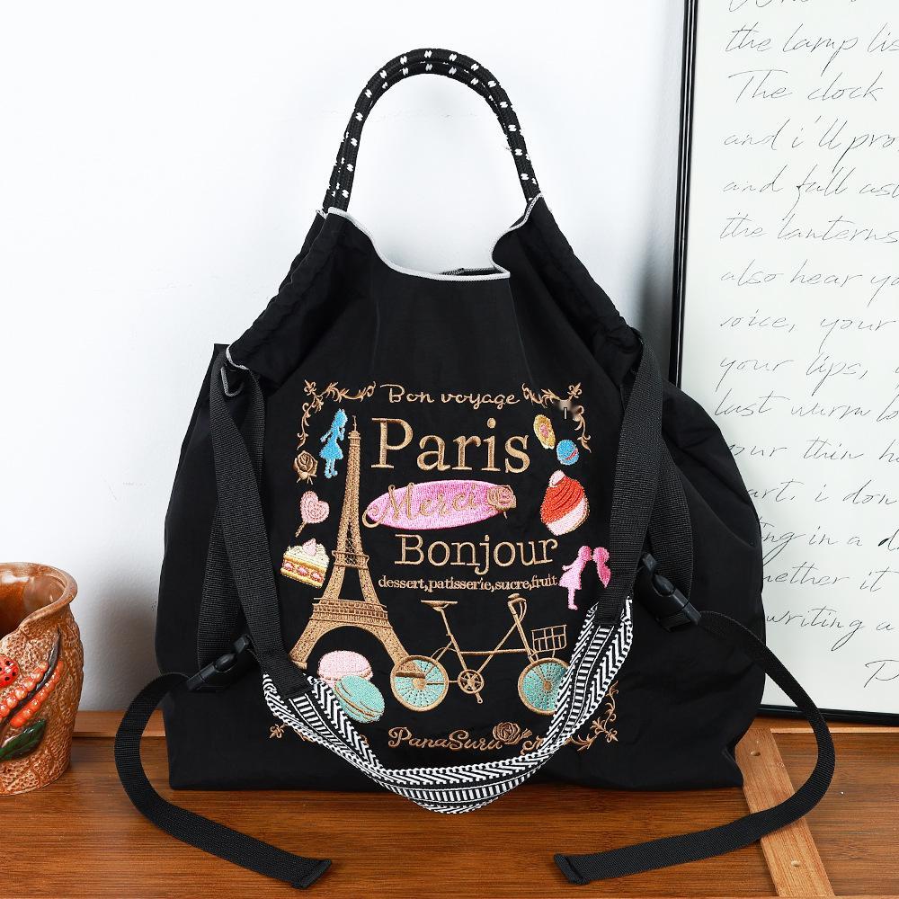 Japanese Style Handmade Waterproof Nylon Canvas Bag with Embroidered Patterns, Large Capacity