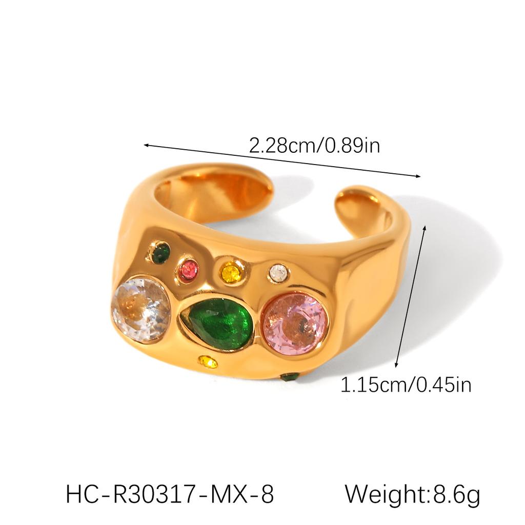 European and American style irregular hammered stainless steel open ring with zircon inlay for women titanium steel ring
