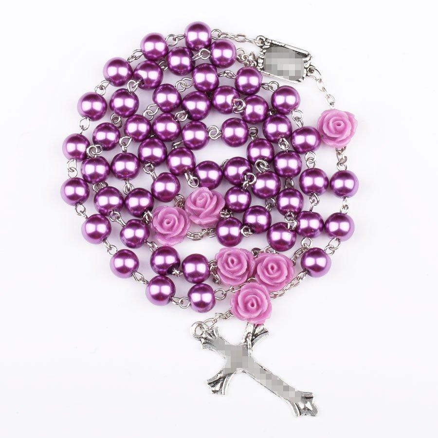 Charming Purple Color Rosary Necklace Women 8mm Round Glass Beaded Chain Cross Pendant Long Necklaces Praying Zircon Gifts