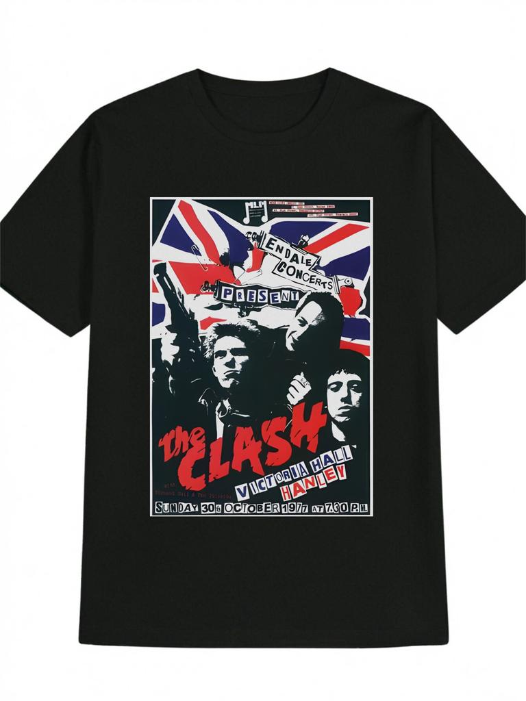 Mens Casual Union Jack The Clash Graphic Print TShirt Black Round Neck Summer Tee Machine Washable Regular Fit