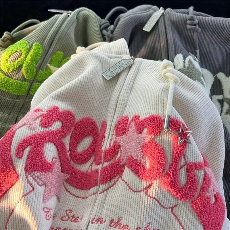 Men Fashion Embroidery Zip Up Hoodies Women Autumn Long Sleeve Tops Loose Hood Shirt Harajuku Y2K Clothes Female Sweatshirt Jacket