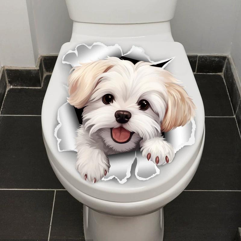 Cute Broken Hole Puppy Toilet Cover Sticker Creative Self-adhesive PVC Decal for The Bathroom Animal Dog Removable Home Decor