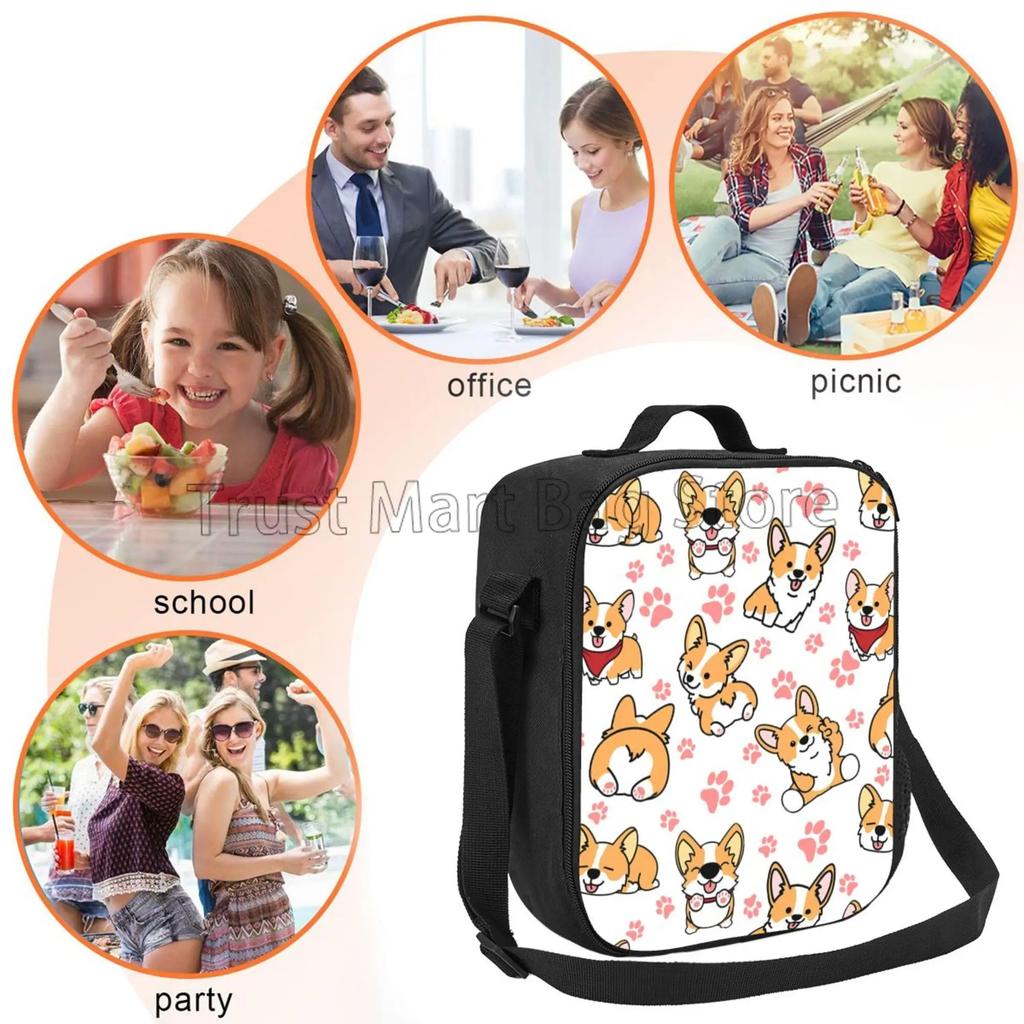 Tierische Corgi Lunchbox für Kinder Mädchen Jungen Niedlicher Hund Isolierte Lunchtasche Kühler Bento Tragetaschen mit Verstellbarem Schultergurt