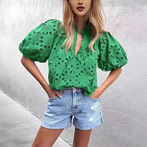 Women's V-Neck Lace Embroidery Lantern Sleeve Summer Top