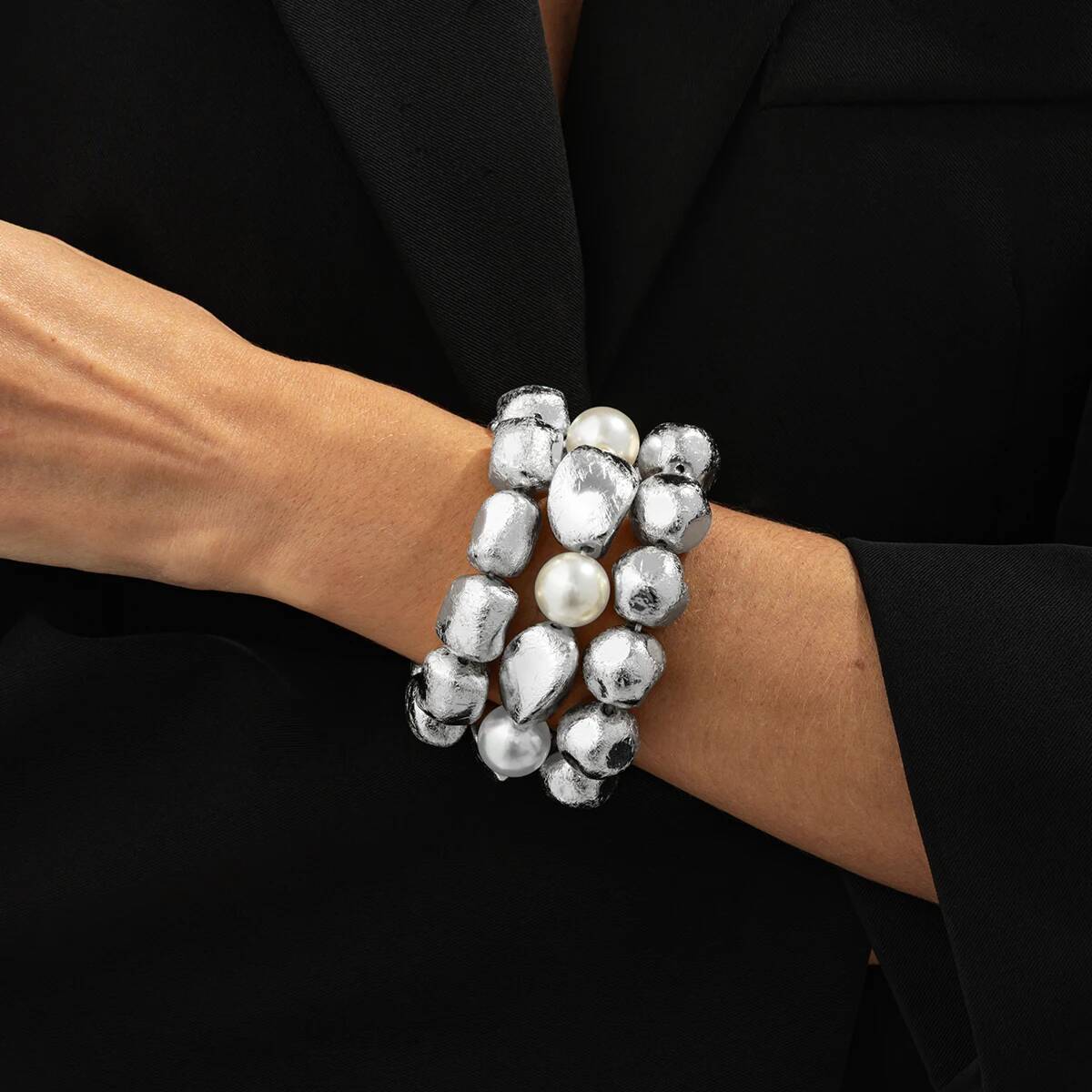 Salircon Vintage Irregular Imitation Pearl Bracelet Women Trendy Classic Stacked CCB Beaded Charms Bangles Couple Hand Jewelry