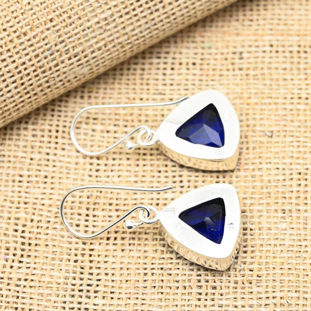 Blue Sapphire Lab-Created Gemstone Handmade 925 Solid Sterling Silver Jewelry Earrings