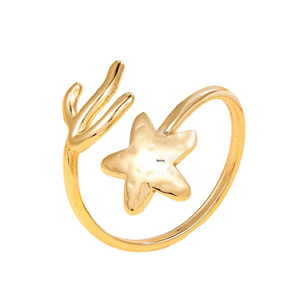 Bohemian Ocean Series Starfish & Seaweed Stainless Steel Open Ring