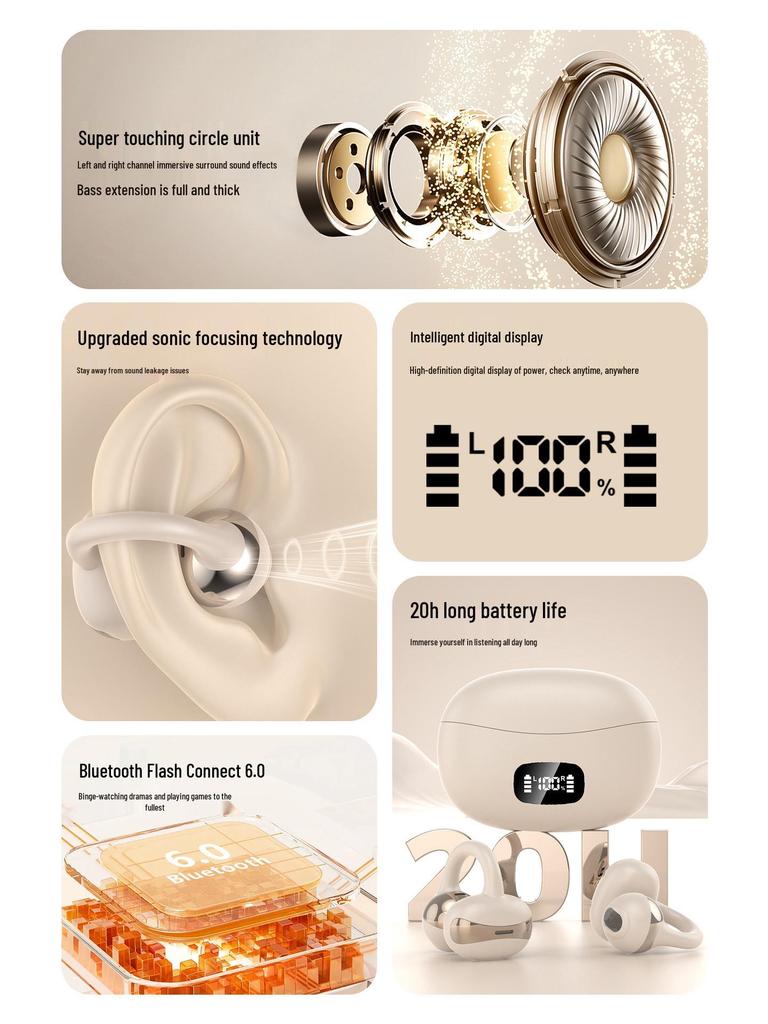 Huaqiangbei 2025 True Wireless Ear Clip Bluetooth Headphones - Ultra-Long Battery Life, Pain-Free Design.