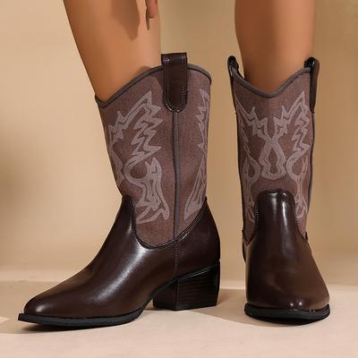 Vinatge Printed Western Cowboy Boots Women Pointed Toe Mid Heels Mid Calf Boots Woman Patchwork Slip On Tall Botas Mujer for Daily Use