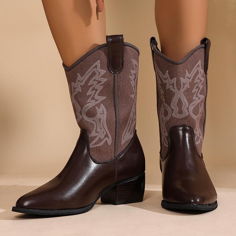 Vinatge Printed Western Cowboy Boots Women Pointed Toe Mid Heels Mid Calf Boots Woman  Patchwork Slip On Tall Botas Mujer