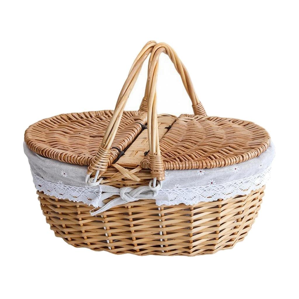 Panier en osier Longue durée Ovale Tissé à la main avec couvercle Naturel