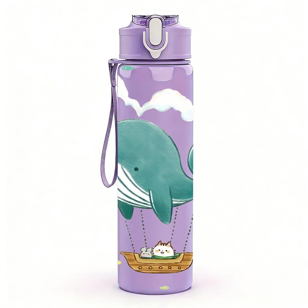 1PC Whale Floating Sky Cartoon Print 750ml Color Plastic Sports Water Bottle Leakproof Flip Straw Lid Suitable for Sports Office Home Use