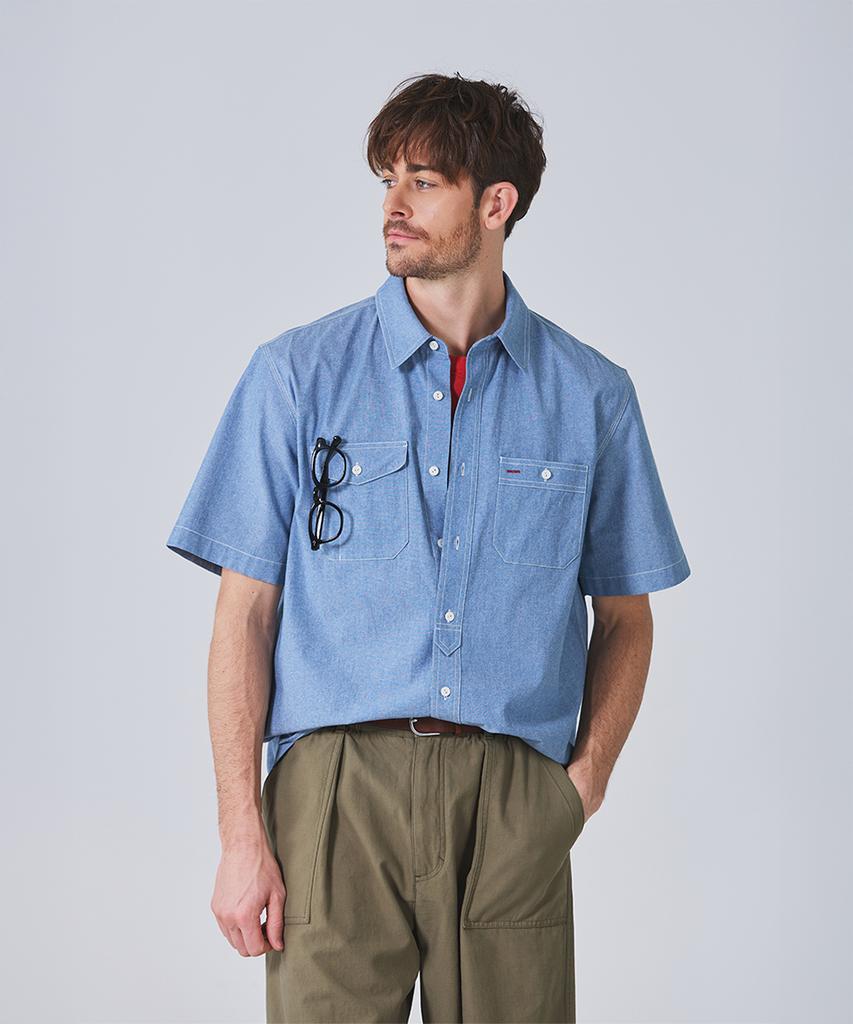 Geonjiulleunseu Chambray Work Short Sleeve Shirt - Light Blue