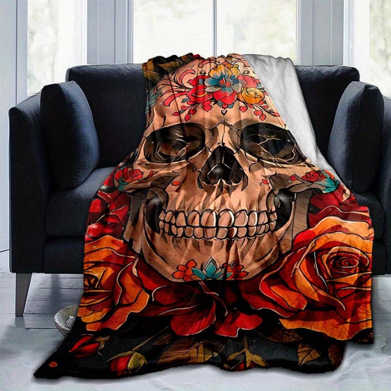 

1pc Skull Printing Lightweight Flannel Blanket, Comfortable and Warm Blanket, for Camping Sofa Bed and Couch Office, Gift 100x150cm