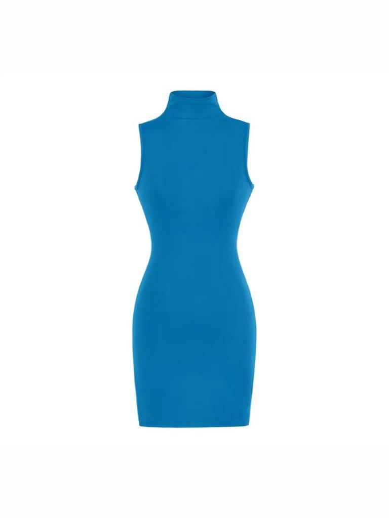 Women's Sleeveless Bodycon Dress: Retro, Mature Style, Stretchy, Slim-Fit, High-Neck, Sexy Short Skirt