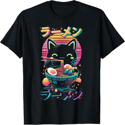 Anime Cat Eating Ramen Japanese Ramen Cat Japan Unisex Anime T-Shirt Black Small