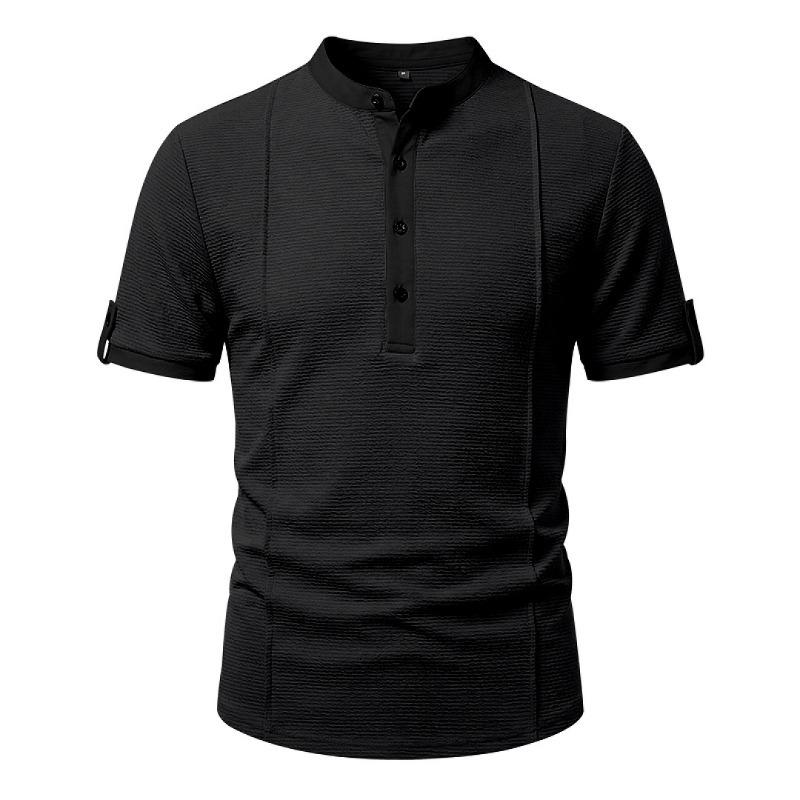 Mens American Retro Textured Henley Short Sleeve Casual Loose Vacation Commuter T Shirt