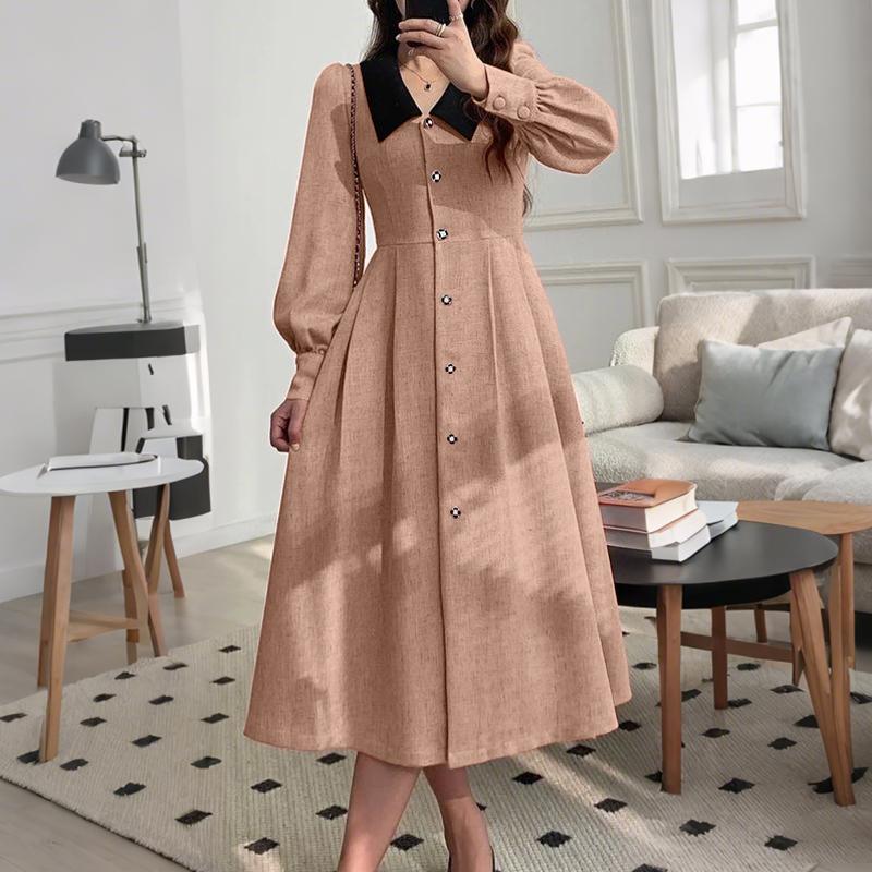 ZANZEA Women Splice Lapel Collar Casual Long Sleeve Elegant Dress