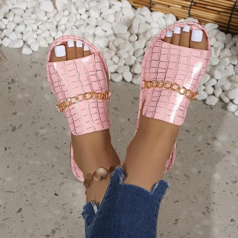 Mode Damenschuhe 2024 Heißer Verkauf Basic Damen Hausschuhe Sommer Tägliche Hausschuhe Damen Kette Runde Zehenpartie Flach Übergröße Damen Sandalen