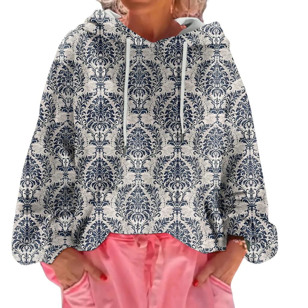 Women's Floral Print Loose Casual Long Sleeved Hooded Sweatshirt