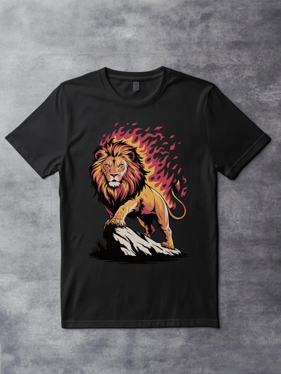 Black T-shirt with Lion on rock y2k print S