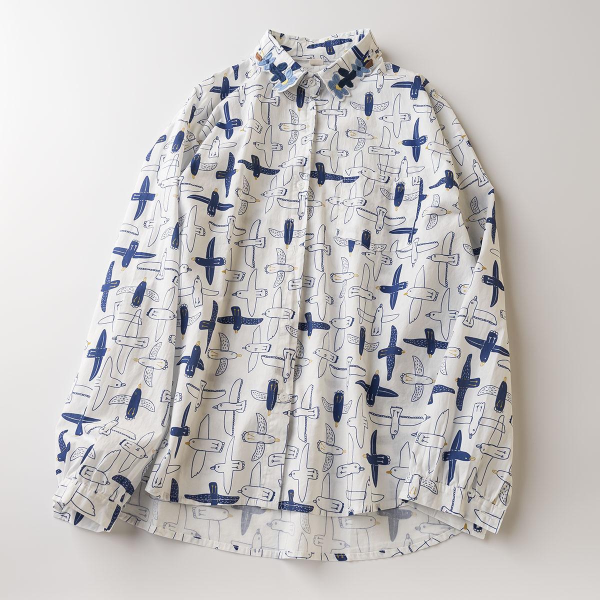 

Printed Long-sleeved Shirt Women s Literary Loose Casual Neckline Embroidered All-match Blouse One size белый