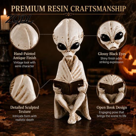 Cross-legged Skeleton Statues Alien Sitting Resin Statue, Retro Book Sci-Fi Dark Halloween Ornament, Unique Collectibles Durable Synthetic Figurine