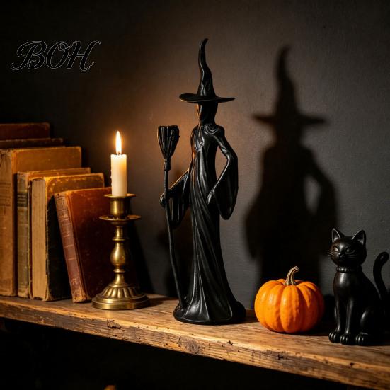 Office Desk Decoration Cute Witch Cat Resin Figurine, Halloween Garden Statue, Spooky Home Indoor Outdoor Yard Decor Ornaments for Patio Balcony