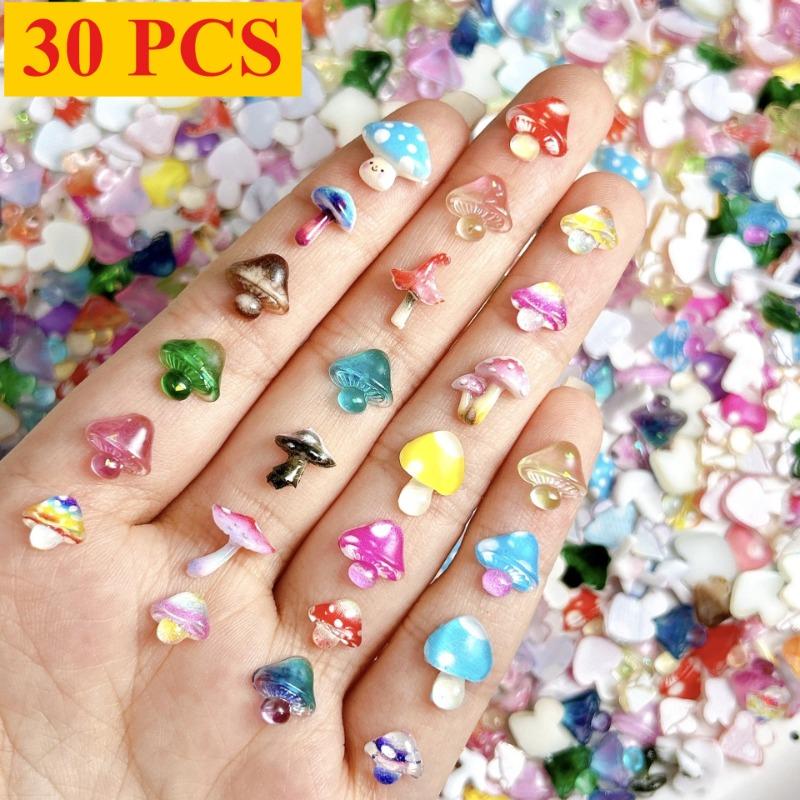 30/90pcs Dopamine Colored Adorable Mushroom Resin Nail Charms Colorful Dazzling Translucent Nail Art Decorations DIY Nails Ins