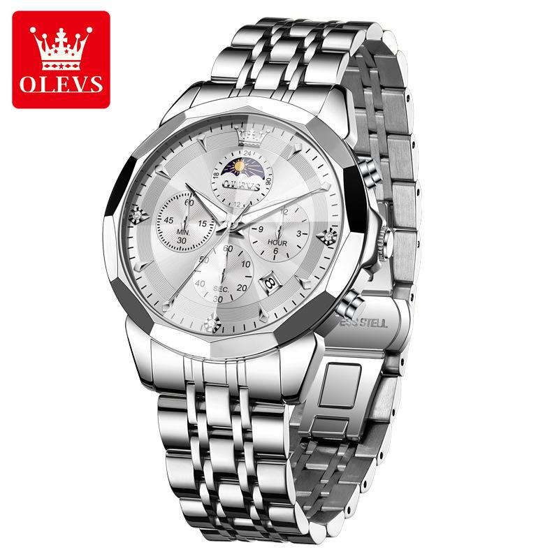 OLEVS Mens Watch Original Business Brand Quartz Watch Rhombus Mirror Waterproof Luminous Automatic Date Moon Phase Watch